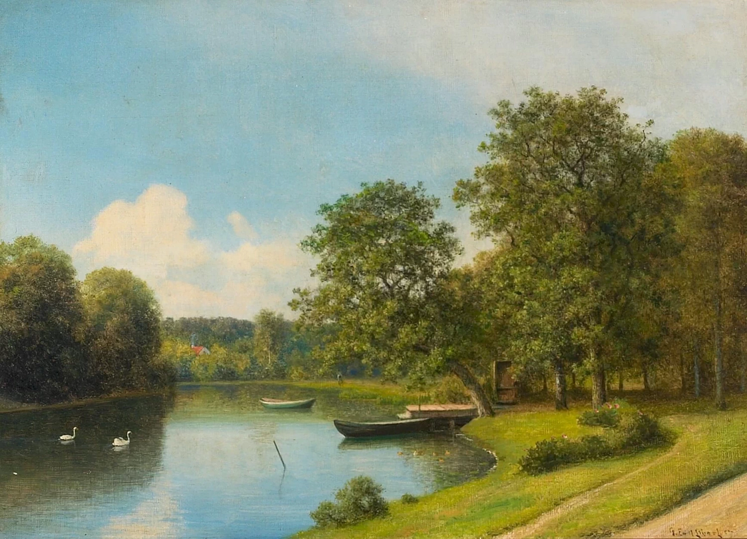 Cigni e barche a remi in un lago, 1907
